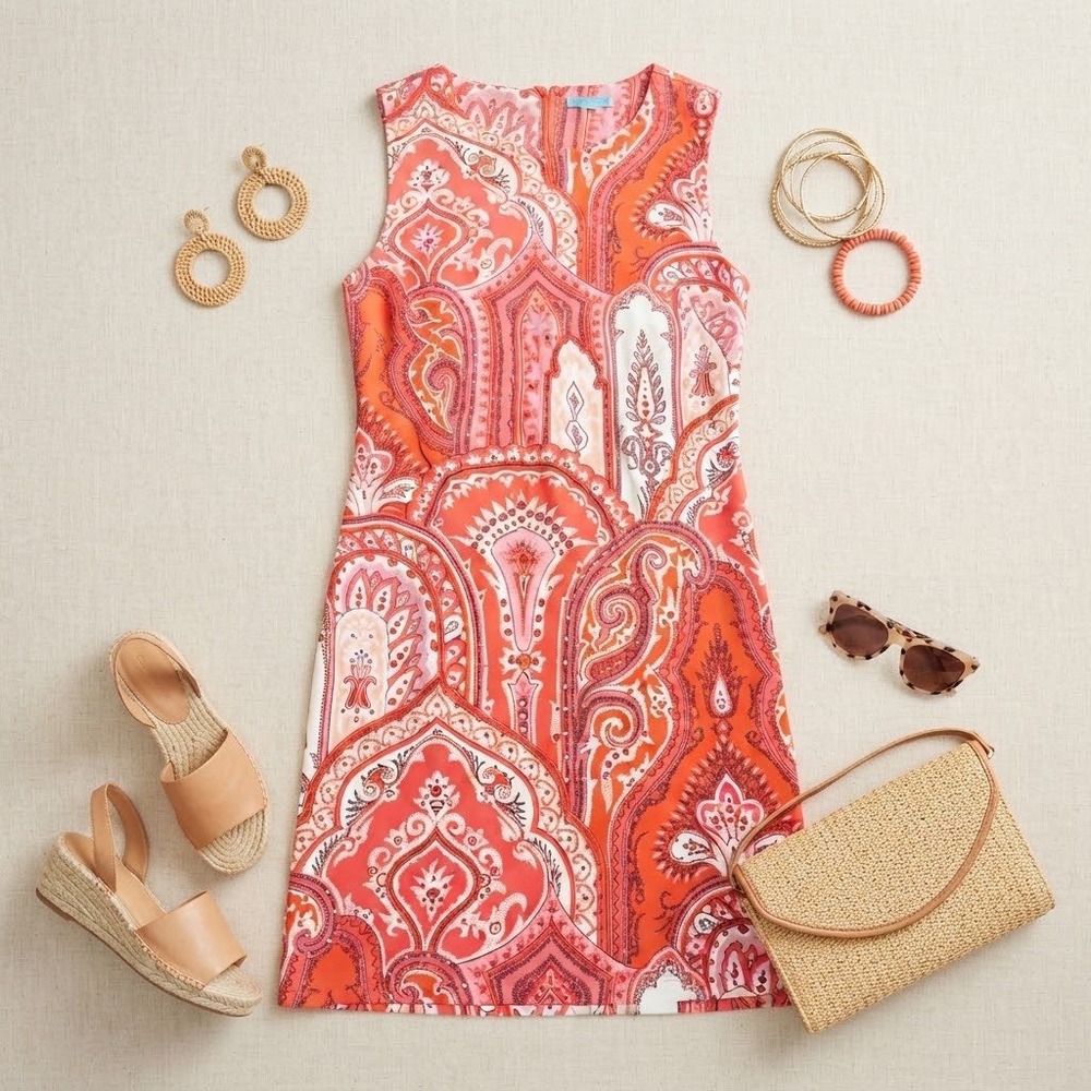J.McLaughlin Paisley Shift Dress Womens S Orange Pink Sleeveless Preppy Coastal